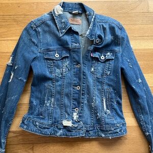 Vintage 90s Levi’s Distressed Trucker Jacket Dark Wash Grunge Women’s S